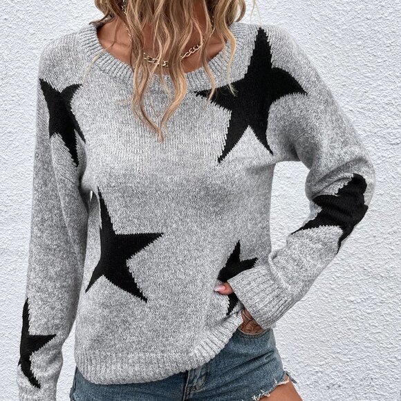 Grey Casual Womens Star Pattern Drop Shoulder Sweater - Picture 1 of 5